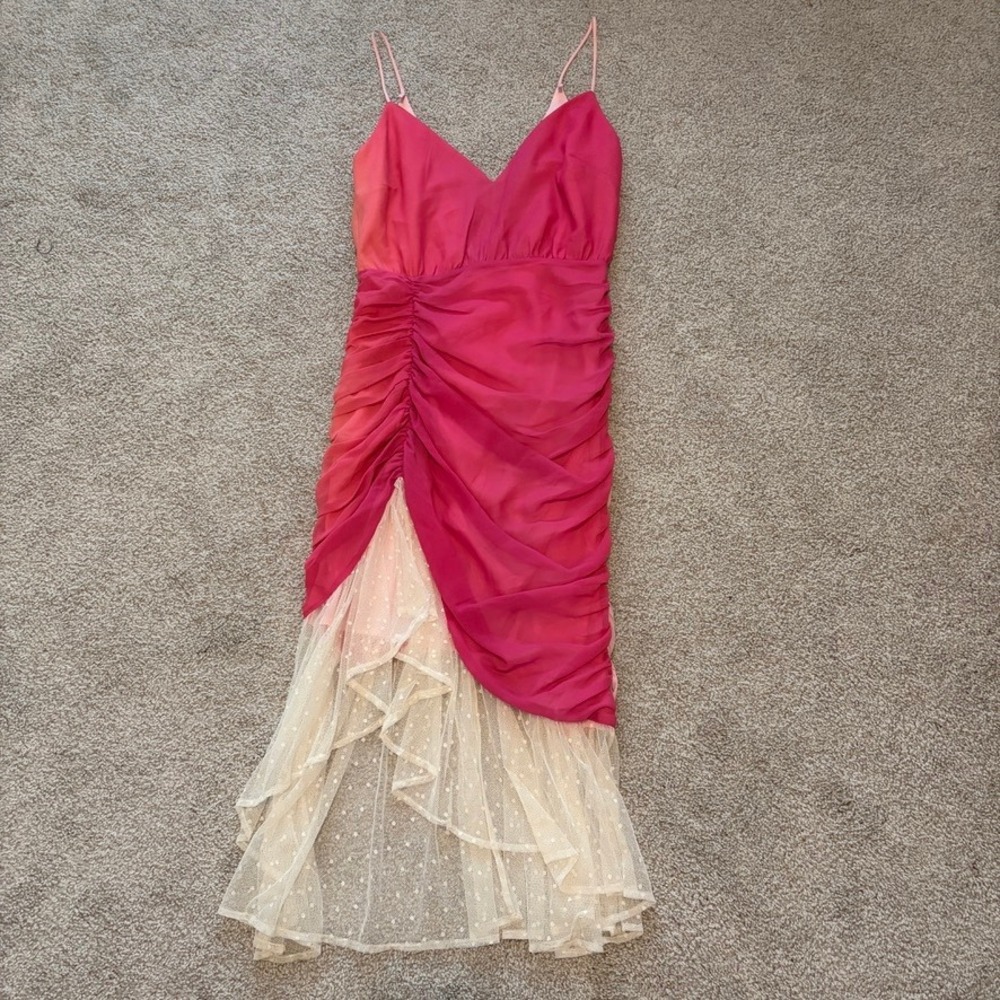 Lovers + Friends‎ Midi Dress Womens S Pink Orange Ombre Lace Trim Coquette Party